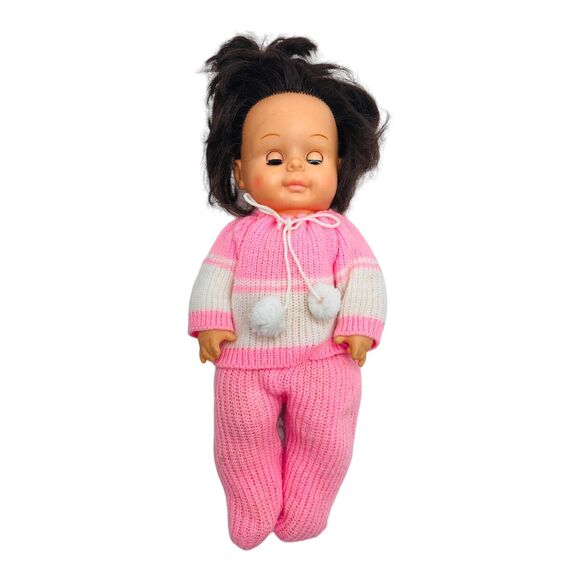 VTG Baby Doll Knit Pjs Pompom Track Suit Open Shut Sleepy Eyes Hong Kong Creepy - Picture 1 of 8